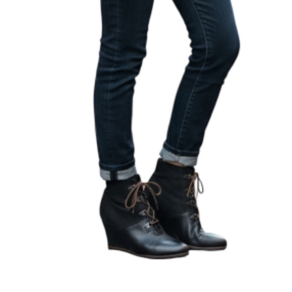 Franco Sarto Black Leather & Suede Wedge Lace-Up Ankle Boots